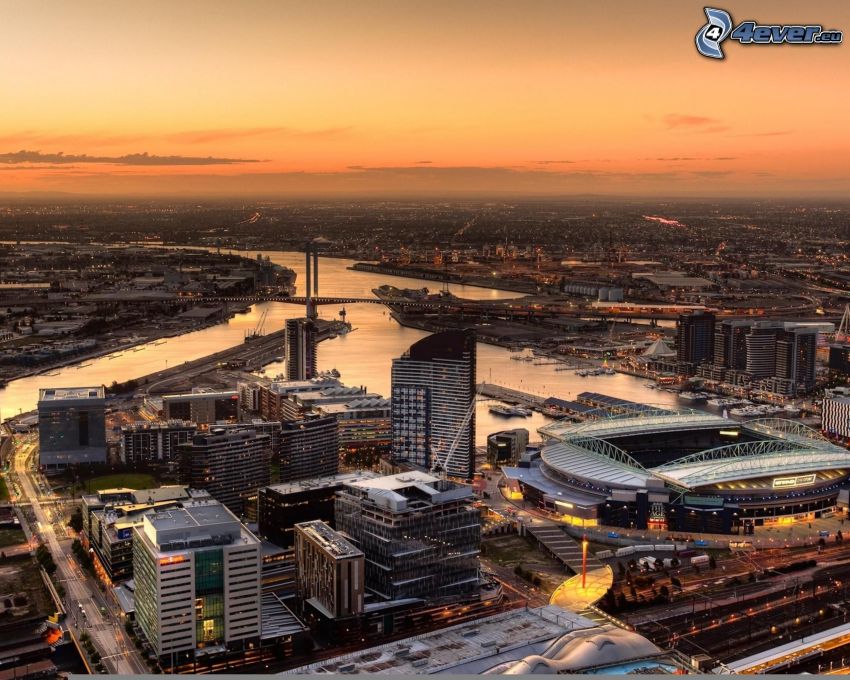 Melbourne, város, felhőkarcolók, stadion, folyó