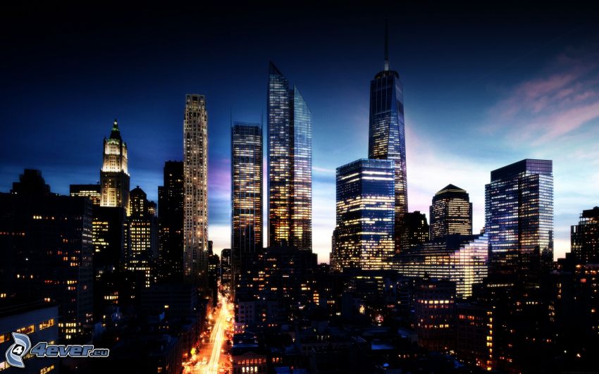 New York, felhőkarcolók, éjszakai város