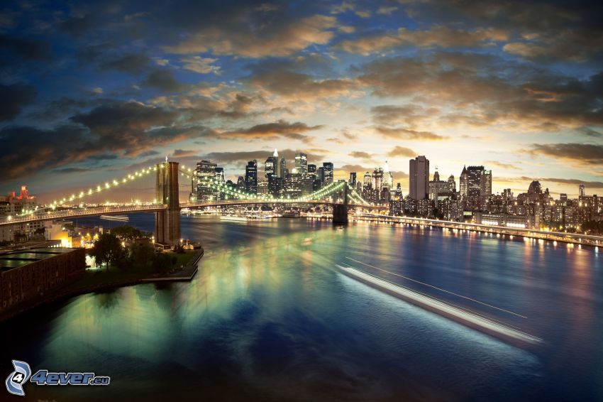 New York, kivilágított híd, folyó