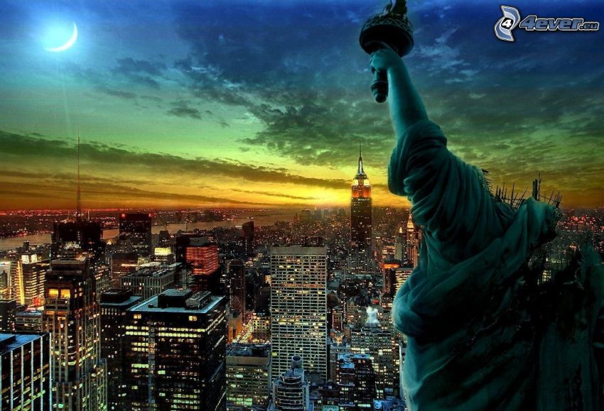 New York, USA, Szabadság-szobor, esti város, kilátás a városra, napnyugta után, felhőkarcolók, hold