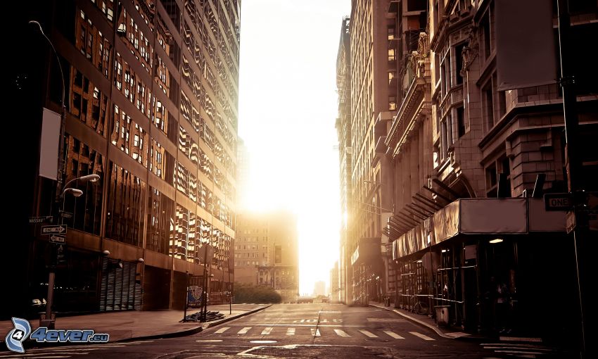 New York, utca, naplemente a városban