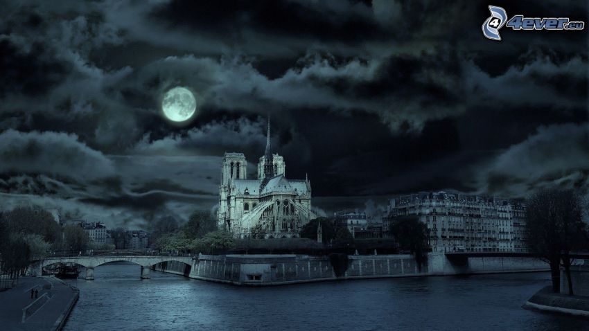Notre Dame, Párizs, Szajna, éjszakai város, éjszaka, ég, felhők, hold, telihold, fekete-fehér kép
