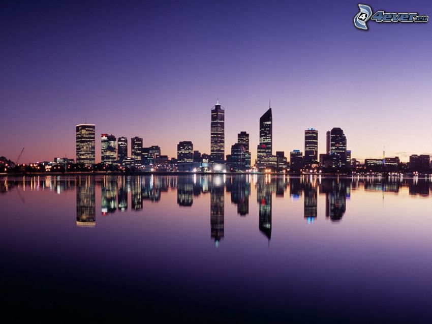 Perth, felhőkarcolók, éjszakai város, tenger, visszatükröződés