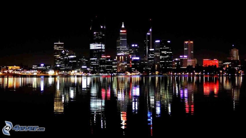 Perth, felhőkarcolók, éjszakai város