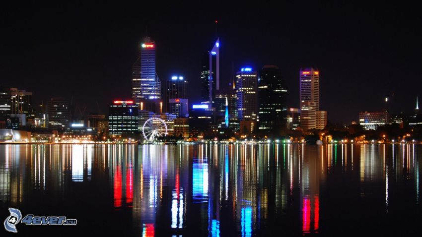 Perth, felhőkarcolók, óriáskerék, éjszakai város