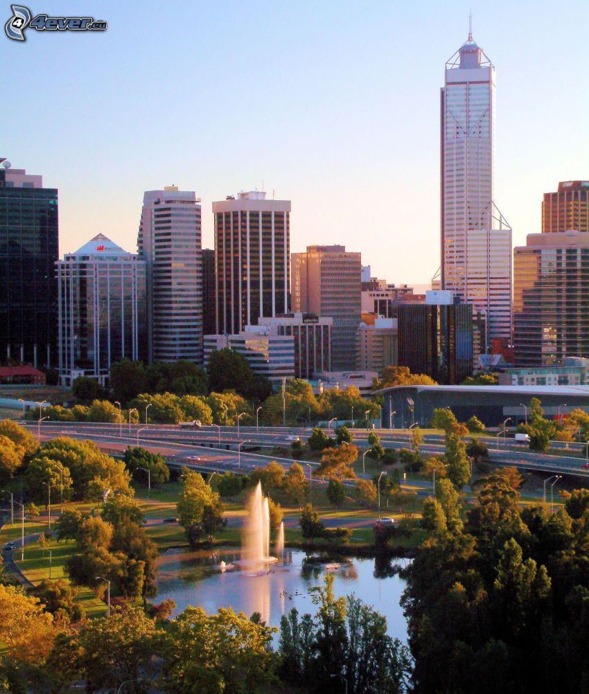 Perth, felhőkarcolók, park