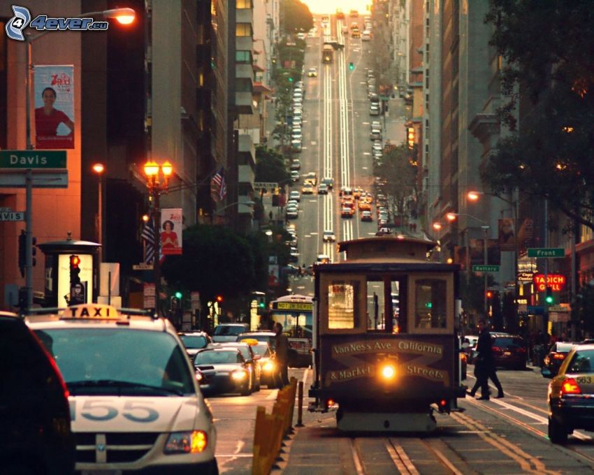 San Francisco, villamos, autók, utca, esti város, közvilágítás
