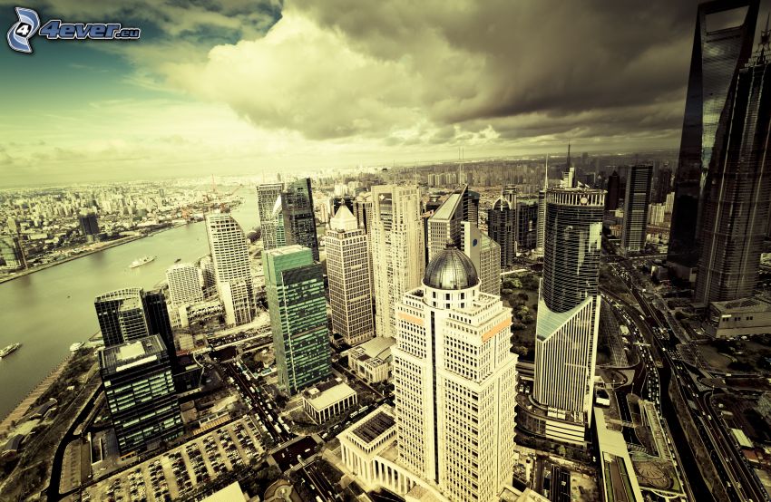 Sanghaj, kilátás a városra, felhőkarcolók, szépia