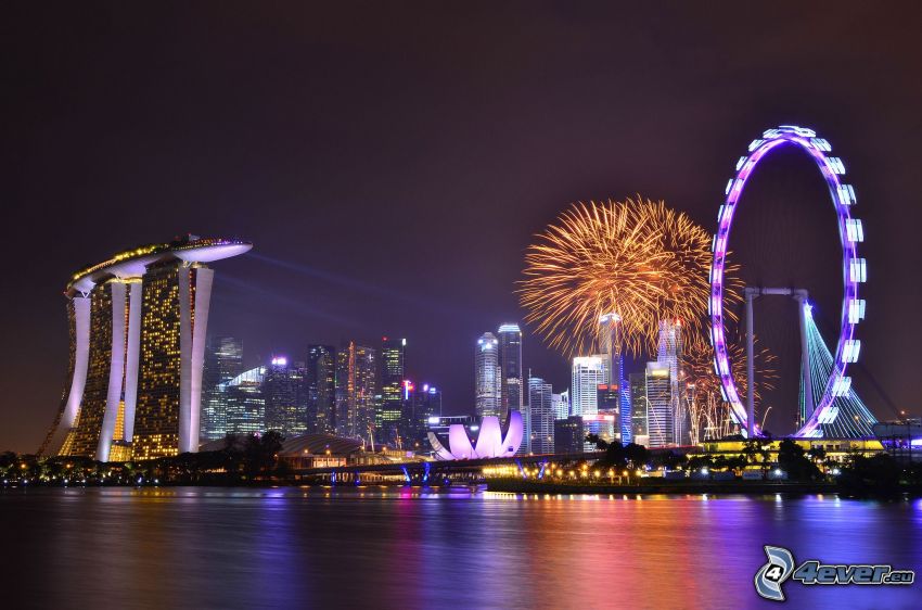 Szingapúr, éjszakai város, Marina Bay Sands, óriáskerék