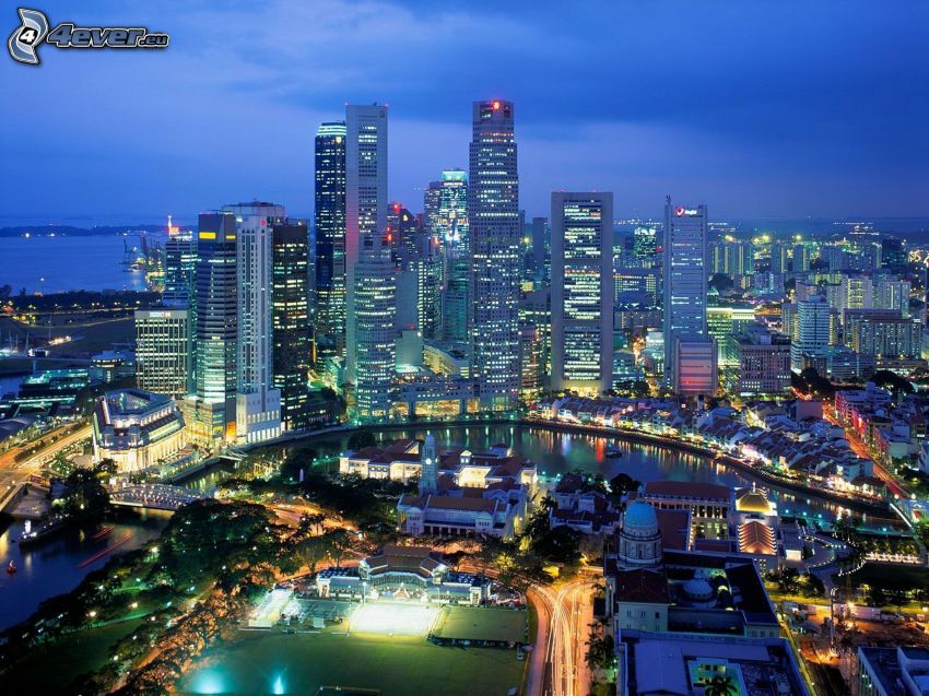 Szingapúr, este, felhőkarcolók, kilátás a városra