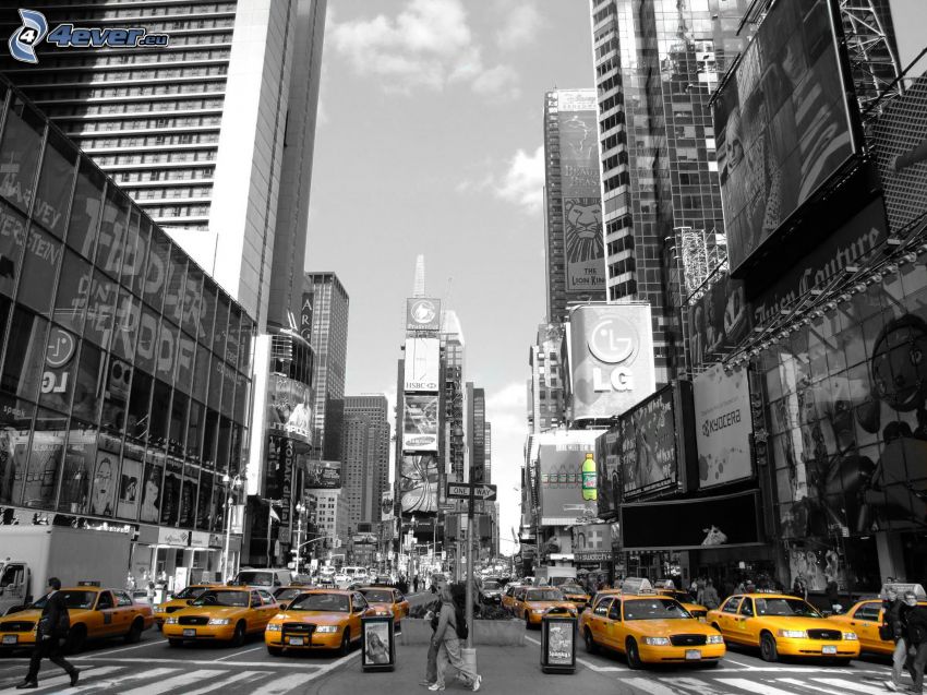 Times Square, Manhattan, fekete-fehér, NYC Taxi