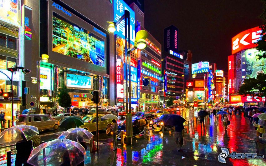 Tokió, éjszakai város, fények