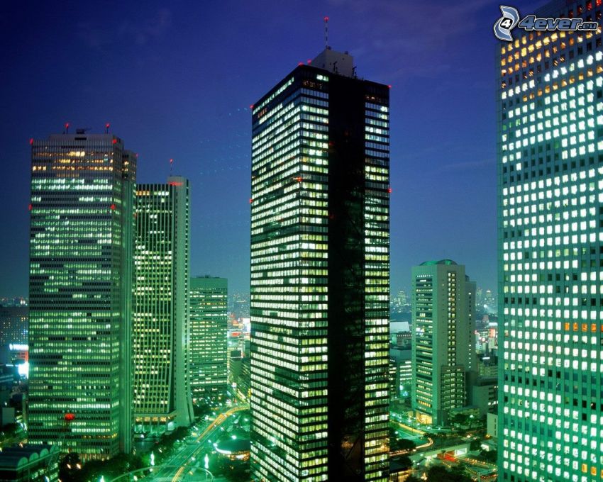 Tokió, felhőkarcolók, város, fények, nagyváros