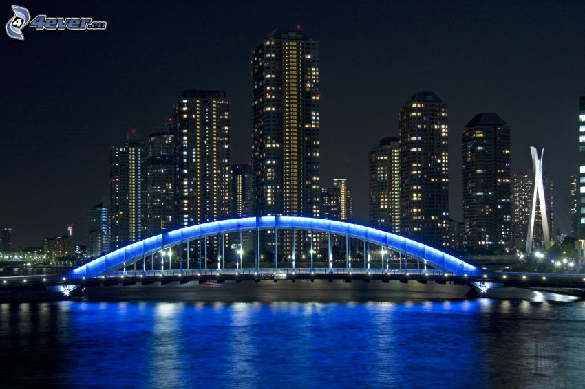 Tokió, Japán, kivilágított híd, éjszaka