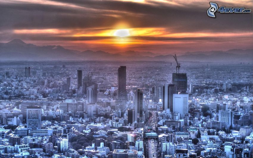 Tokió, Japán, naplemente a város felett, kilátás a városra, felhőkarcolók