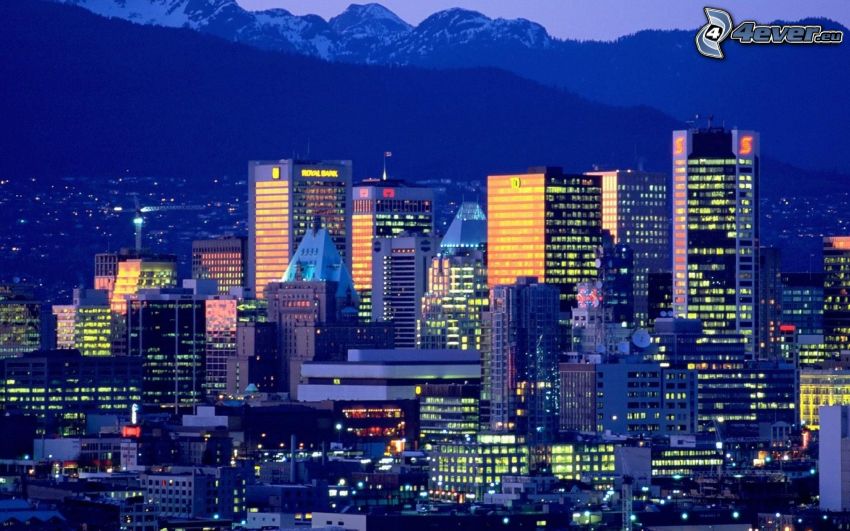 Vancouver, éjszakai város, felhőkarcolók