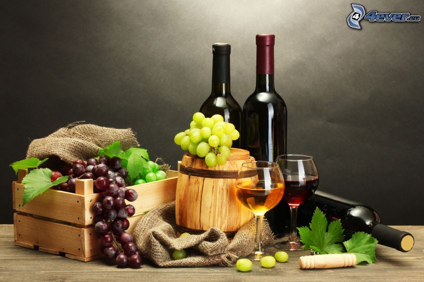 bor, szőlő, poharak