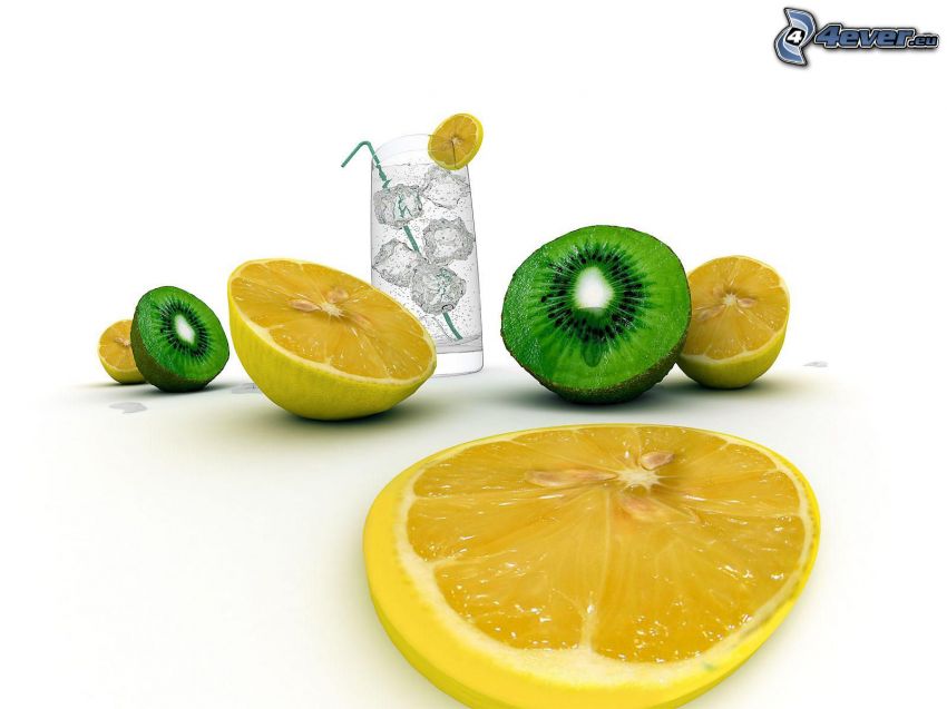 citrom szeletek, kiwi, hűtött víz, víz citrommal