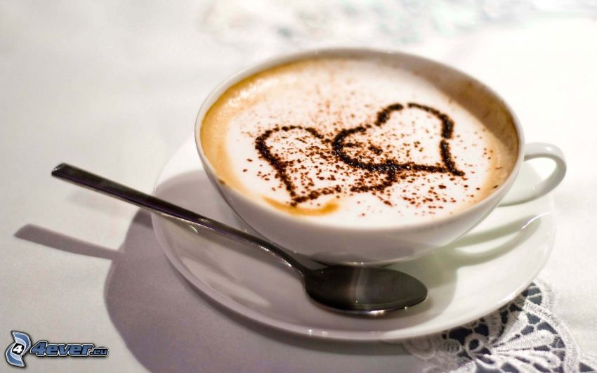 csésze kávé, szivecskék, szív a kávéban, latte art