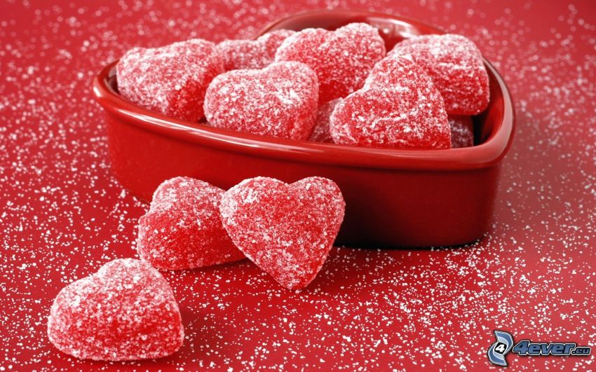 cukorkák, piros szívek