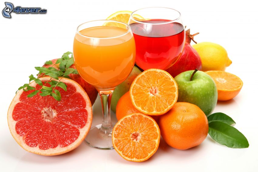 dzsúszok, poharak, gyümölcs, grépfrút, narancsok, alma, gránátalma, citrom