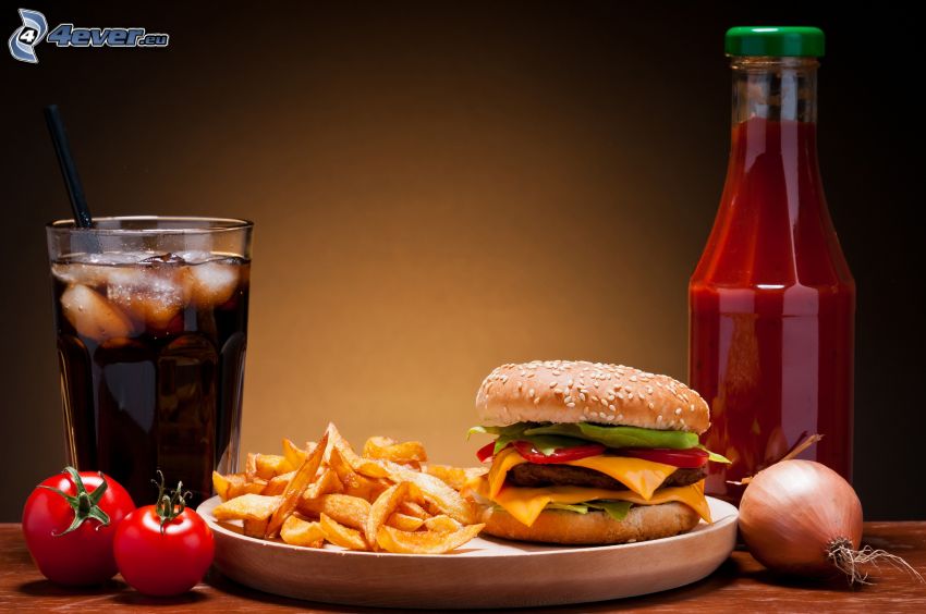 ebéd, hamburger, hasábburgonya, ketchup, Coca Cola