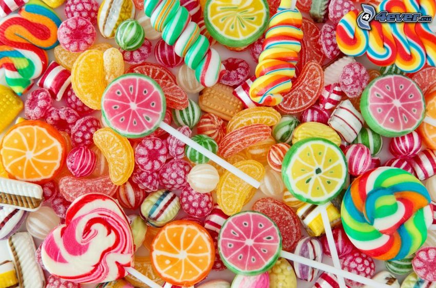 édességek, színes nyalókák, cukorkák