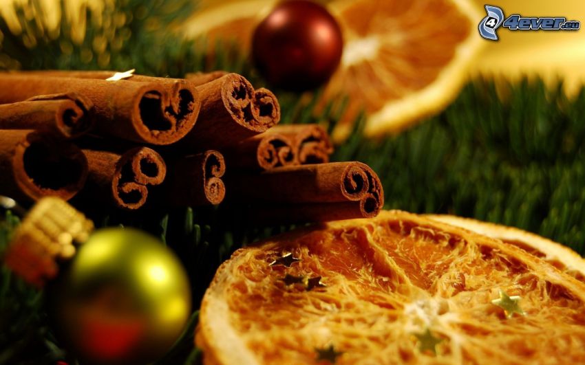 fahéj, szárított narancsok, gömb karácsonyfadísz