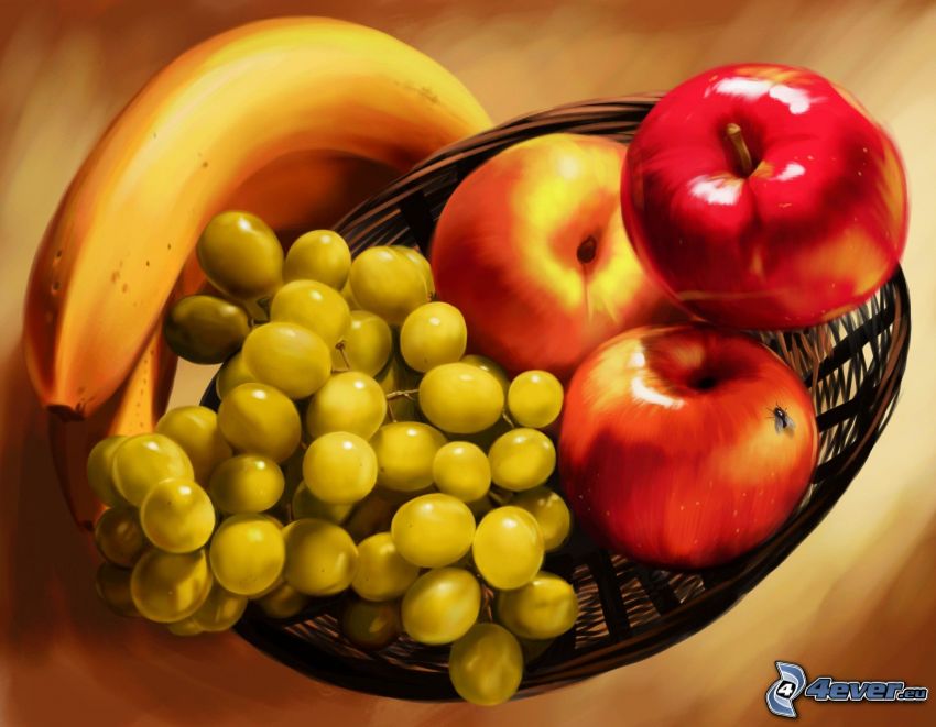 gyümölcs, banán, szőlő, almák, kosár, művészet