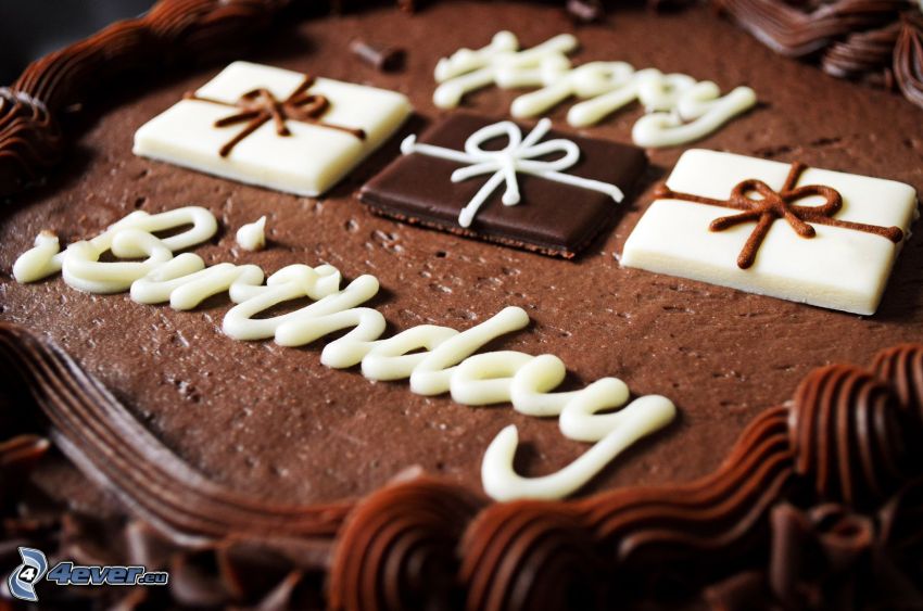 Happy Birthday, csokoládétorta, fekete és fehér csokoládé