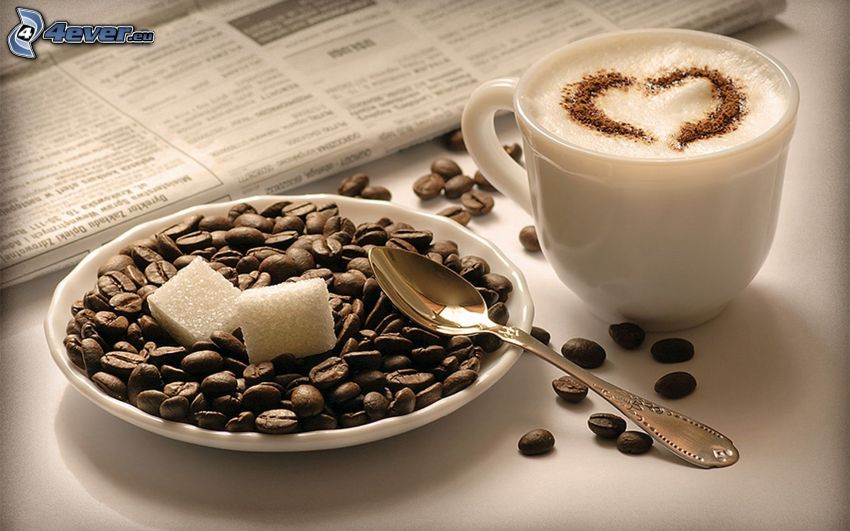 kávé, kávészemek, szivecske, latte art