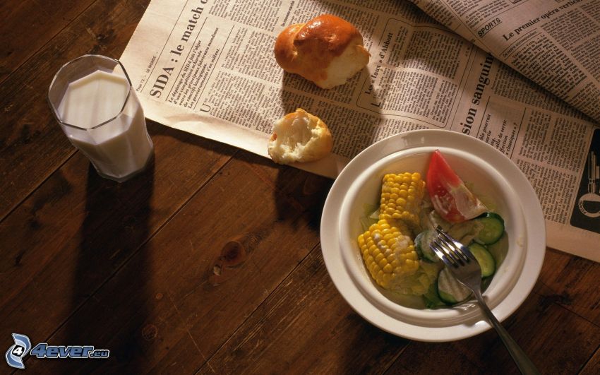 reggeli, tej, péksütemény, zöldség, újság