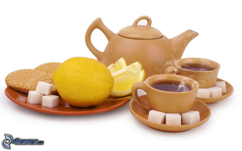 tea, teáskanna, egy csésze tea, citromok