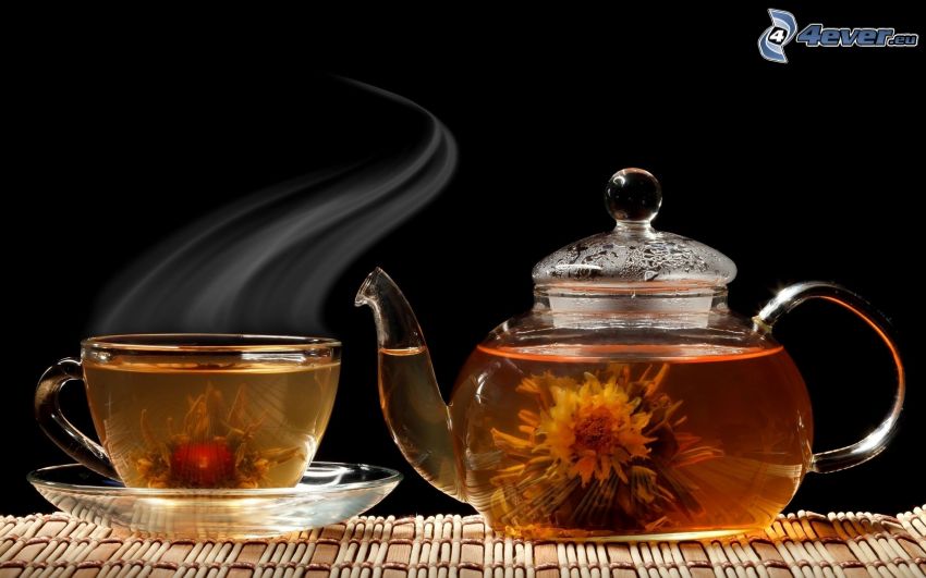 teáskanna, csésze, virágok, gőz, virágzó tea