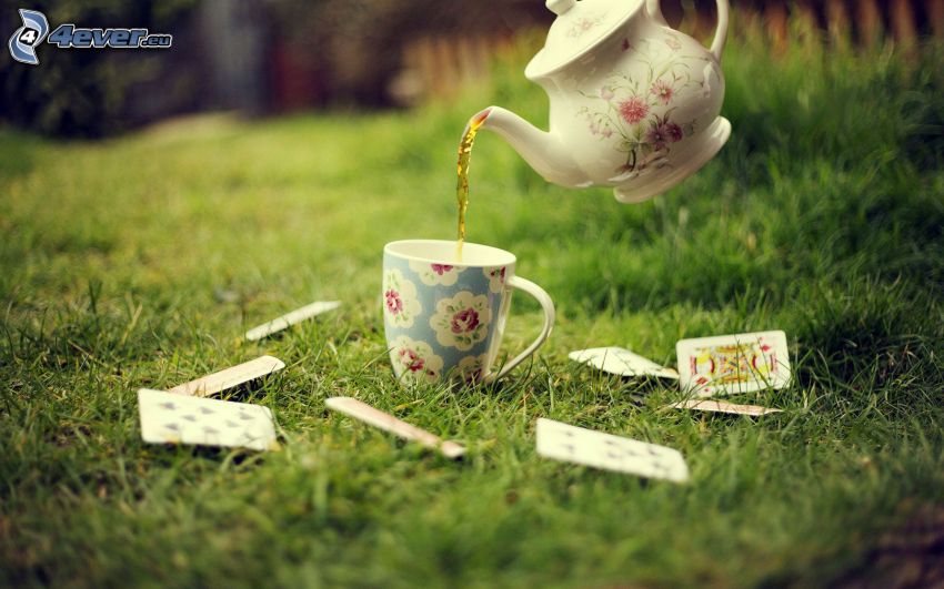 teáskanna, egy csésze tea, kártyák, fű