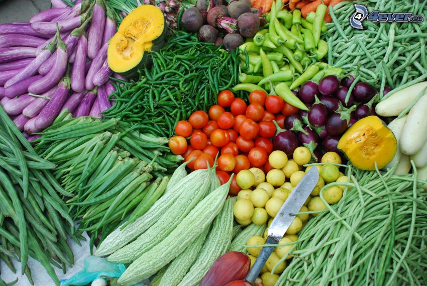zöldség, piac, paradicsomok, hagymák, borsó