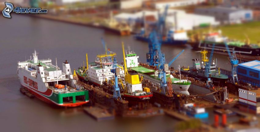 hajók, kikötő, diorama