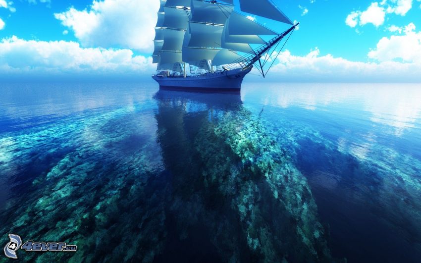 vitorláshajó, hajó, tenger, felhők