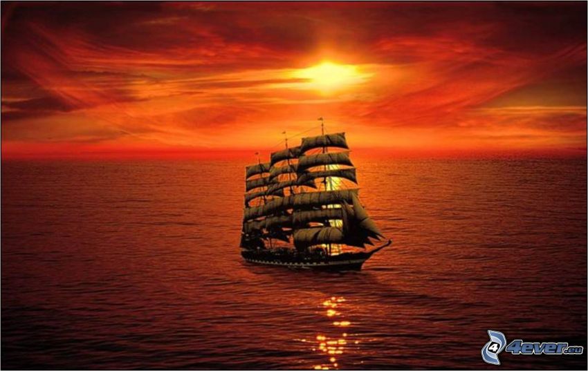 vitorláshajó, naplemente a tenger fölött