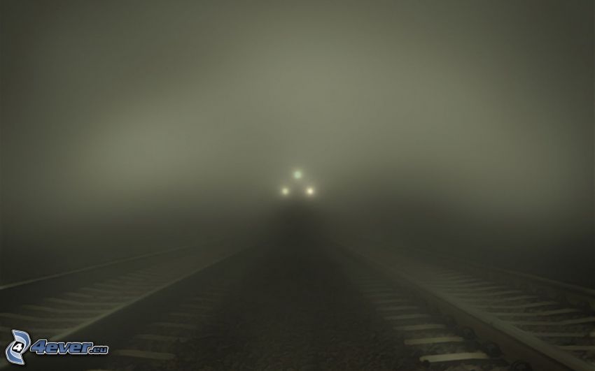 vonat, fények, sínek, köd