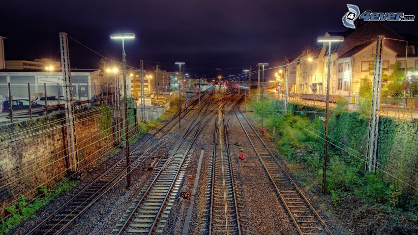 vasút, sínek, éjszaka, vasútállomás, HDR