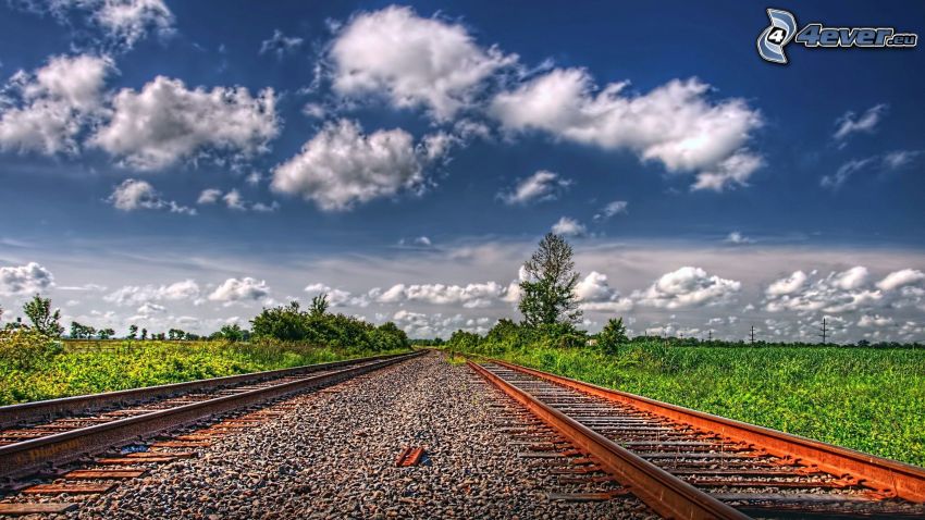 vasút, sínek, felhők, HDR
