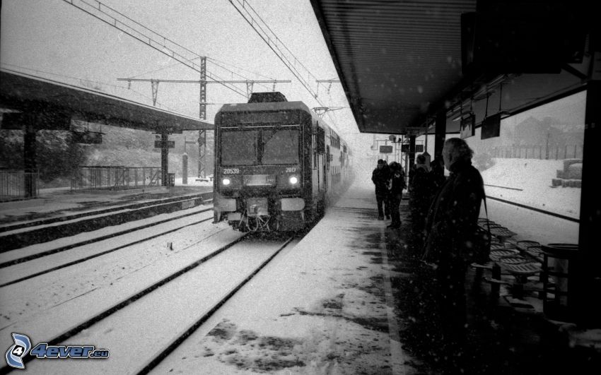 vasútállomás, vonat, hó