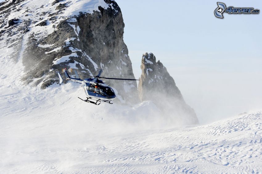 helikopter, szikla, hó