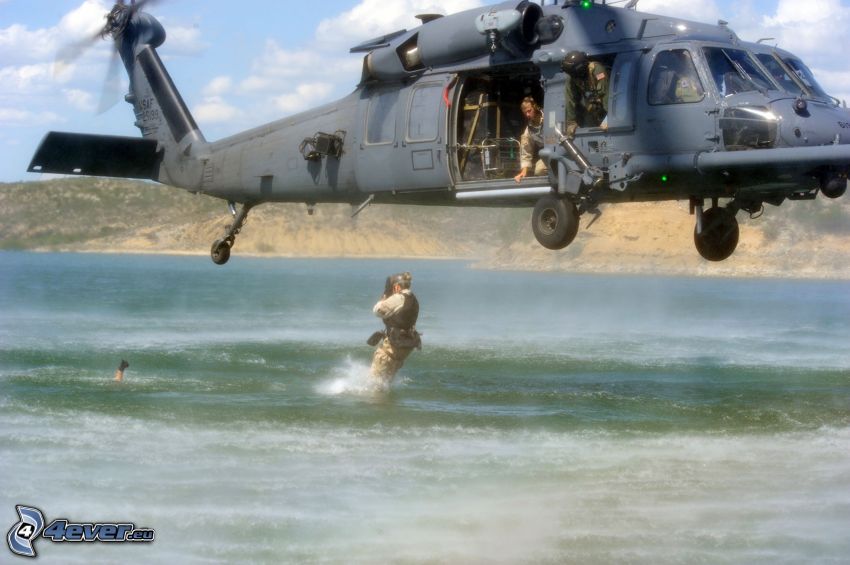leereszkedés a helikopterről, megmentő, ugrás, katonai helikopter, hadsereg, tenger