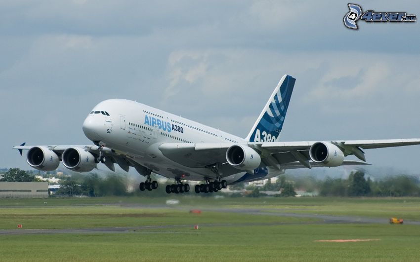 Airbus A380, repülőgép, felszállás, repülőtér