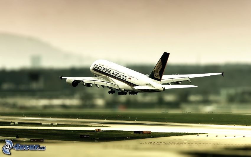 Airbus A380, Singapore Airlines, felszállás, repülőtér
