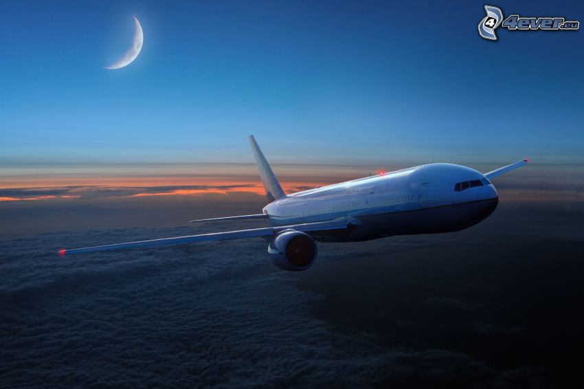 repülőgép, felhők felett, hold