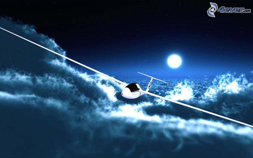 vitorlázó repülőgép, felhők, hold, digitális művészet
