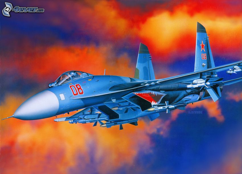 F-15 Eagle, narancssárga felhők, rajzolt
